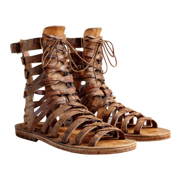 A pair of stylish vintage leather gladiator sandals on transparent background