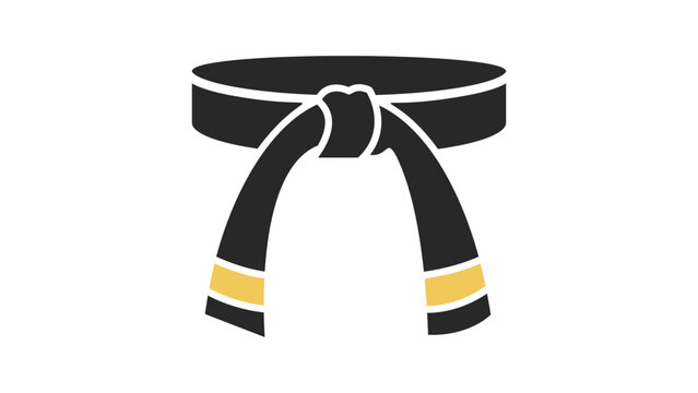 Martial Arts Black Belt Vector Icon Illustration: A Modern Flat Design of a Tied Karate or Judo Obi with Yellow Stripes on a White Background, Representing Rank, Discipline, and Achievement.