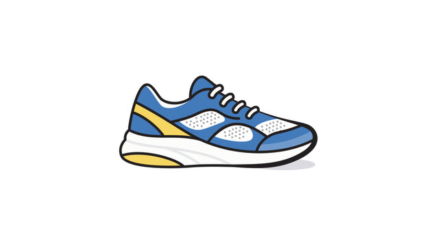 Modern Flat Vector Illustration of a Blue and Yellow Running Shoe for Sports and Fitness. This Side View Sneaker Icon Features an Editable Stroke for Easy Customization on a White Background.