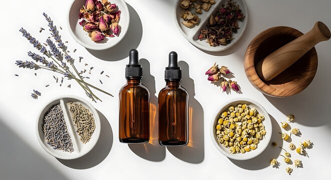 Dua botol penetes amber berdiri di antara kelopak mawar lavender dan kamomil melambangkan kekayaan alam dalam penyembuhan aromaterapi tradisional