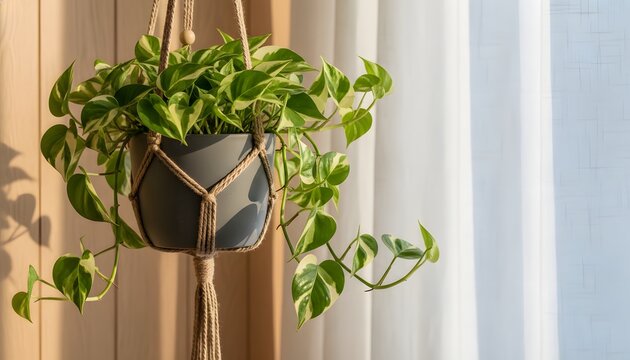 Pothos plant in hanging basket by a sunlit window, showcasing a minimalist and eco-friendly home decor style for a Sustainable Plants Concept and organic lifestyle