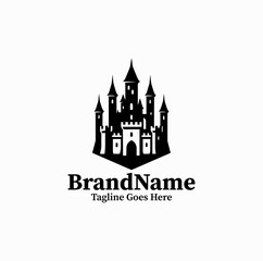 Fototapeta premium A fantasy castle with towers is illustrated as a clean minimalist emblem logo design monochrome 