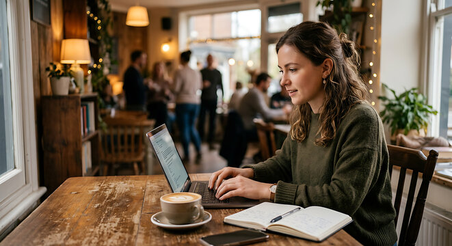A woman working on her laptop in a cozy coffee shop