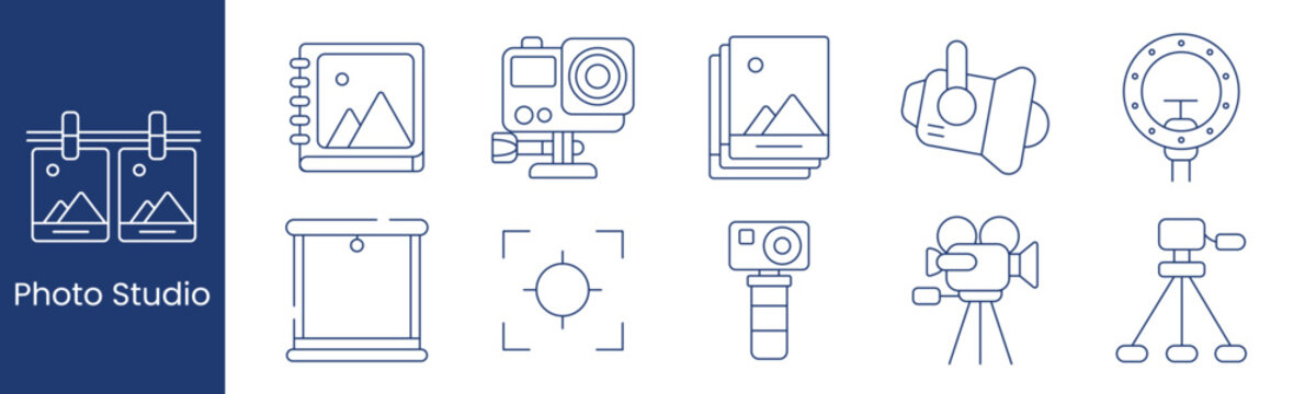 Photo studio set icon. Collection with hanging photos, notebook album, action camera, instant picture stack, studio light, backdrop stand, focus frame, handheld camera, movie camera, tripod.