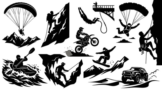 Extreme Adventure Sports Black and White Glyph Silhouettes Collection
