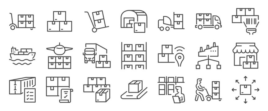 Bulk product icon set. It includes warehouse, distribution, wholesale, package, logistic, and more icons. Editable Vector Stroke.