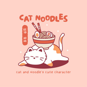 Calico cat lying flat in sploot position with noodle bowl balanced on back, peaceful mascot on coral pink background.