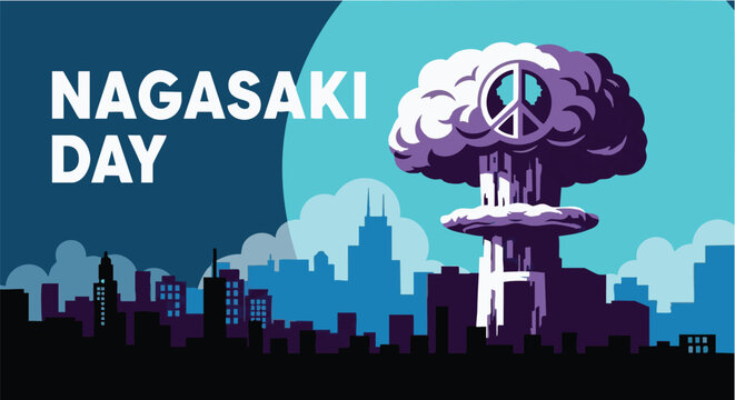 Nuclear mushroom cloud with peace sign in purple and blue hues for Nagasaki Day awareness in dramatic illustration