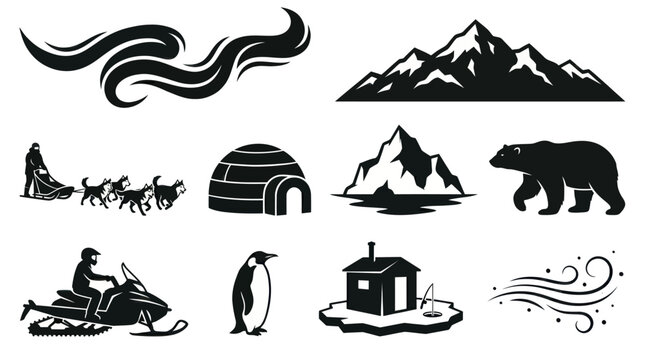 Arctic and Winter Icons: Polar Bear, Snowmobile, Igloo, Mountains, Sled Dogs