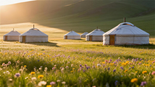 Mongolian Ger Village: A cluster of traditional Mongolian ger dwellings, bathed in the soft glow of the sun, stand amidst a vibrant meadow of wildflowers, set against the backdrop of rolling hills.