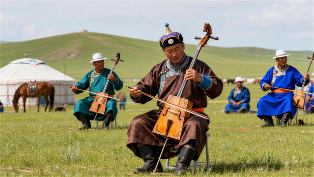 Harmonious Melodies of Mongolia: Capturing the vibrant spirit of Mongolian culture, a group of traditional musicians plays the morin khuur, their instruments echoing across the vast steppe landscape.