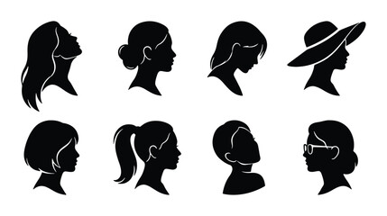 Diverse Female Silhouettes Collection, Elegant Profile Portraits, Variety of Hairstyles and Accessories, Vector Graphics for Beauty and Fashion Concepts © Samia