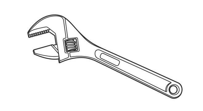 Adjustable wrench, monkey wrench, hand tool, isolated on white background, line art