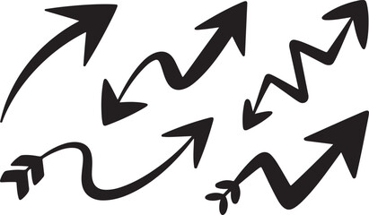 Fototapeta premium Collection of black hand drawn arrows and wavy lines.