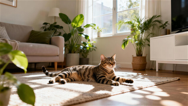 Serene Sunlight and Cat: Sunlight streams into a cozy living space, illuminating a relaxed cat basking on a rug, surrounded by vibrant greenery.