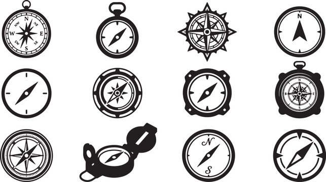 Black and white of compasses, navigation tools, and maritime symbols on transparent background sextant