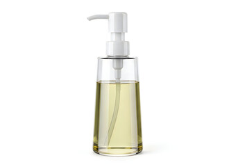 Fototapeta premium Clear soap dispenser filled with golden liquid soap isolated on white background