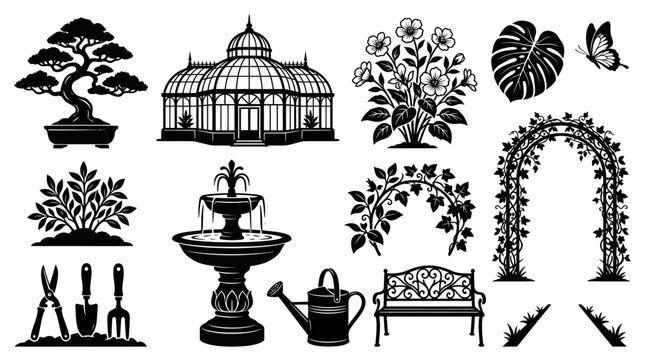 Gardening Park Elements Black Silhouette Icon Set for Nature and Landscape Design