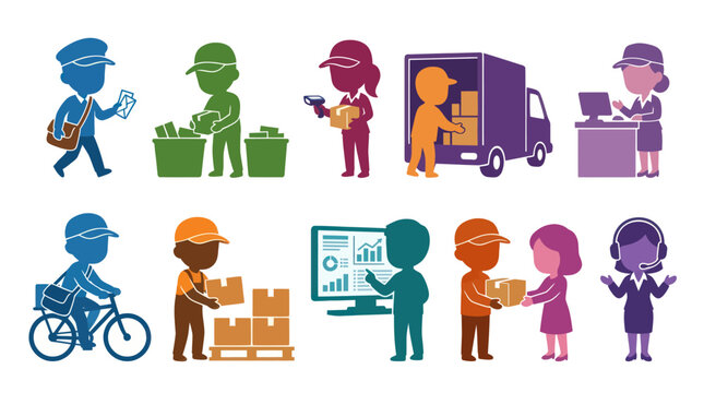 Logistics and Delivery Service Workers Glyph Icons Set: Shipping, Postal  Supply Chain Operations