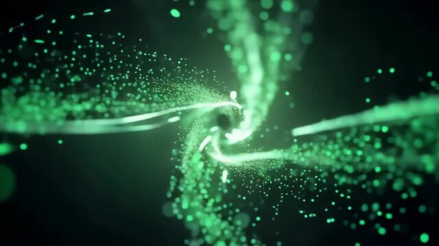 Futuristic Swirling Green Particles on Dark Background