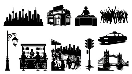 Obraz premium Black and White Silhouette Vector Pack: Cityscape, Bar, DJ, Party, Taxi, Bridge