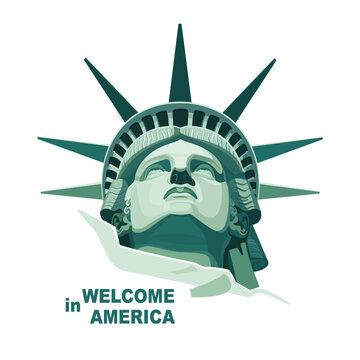 Statue of Liberty, portrait. Welcome to America. Green design on white background. 250 years of USA Independence, holiday. New York, banner, advertising, postcard, Liberty. Vector illustrations