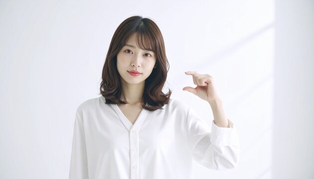 白い部屋で何かをつまんで提示するジェスチャーをする日本人女性の商用ポートレート