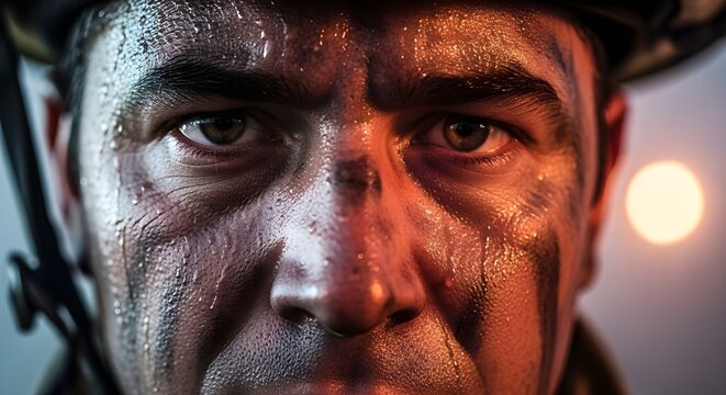 A close-up portrait of a rugged man with a dirty face and a determined expression