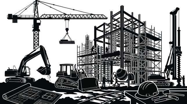 Construction Industry Black and White Silhouette Vector Illustration of Building Site and Machinery