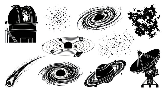 Space and Astronomy Icons: Observatory, Galaxies, Planets, Comet, Telescope