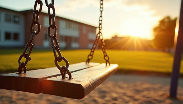 Wooden swing set hangs empty in urban park at sunset. Golden hour sunbeams illuminate grassy field and school building. Peaceful childhood nostalgia.