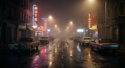 Obraz premium Cinematic Retro Night Street Scene with Vintage Cars Parked on Wet Pavement, Glowing Neon Signs for Motel, Diner, and Liquor Store in Foggy Atmospheric Urban Setting