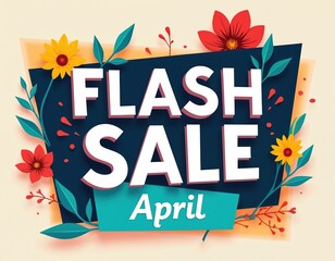 Naklejka premium April flash sale announcement features blooming flowers and leaves. Bright colorful design promotes special offers and discounts for spring shopping events and retail deals.