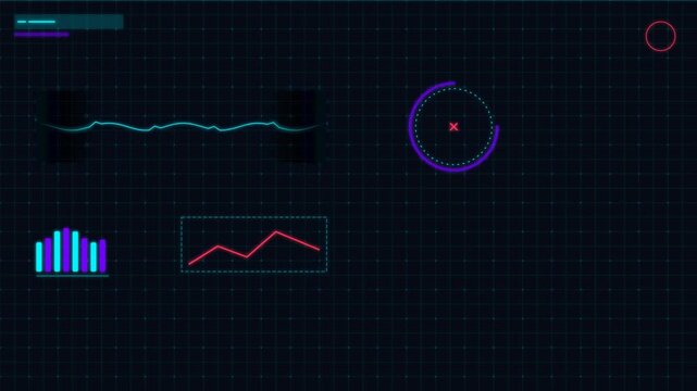 Neon data visualization dashboard with colorful graphs and charts on dark background