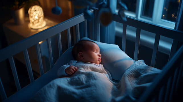 Baby sleeping in a crib at night under moonlight from a window, top down nursery view with a soft blanket and dark peaceful mood