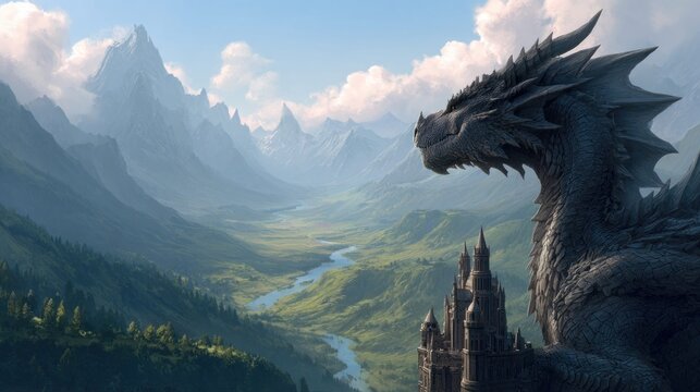 Majestic dragon surveys a fantasy valley with a castle and snow-capped mountains