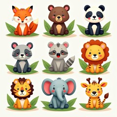 Fototapeta premium Group of cute cartoon animals sitting on green leaves. Fox, bear, panda, raccoons, lion, elephant, giraffe are friends. Fun forest jungle zoo characters for kids.