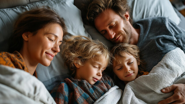 Family of four sleeping on a large bed in a cozy bedroom on a lazy holiday morning overhead view with tousled blankets