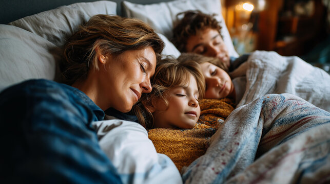 Family of four sleeping across a large bed under tousled blankets on a lazy holiday morning seen from overhead cozy relaxed mood
