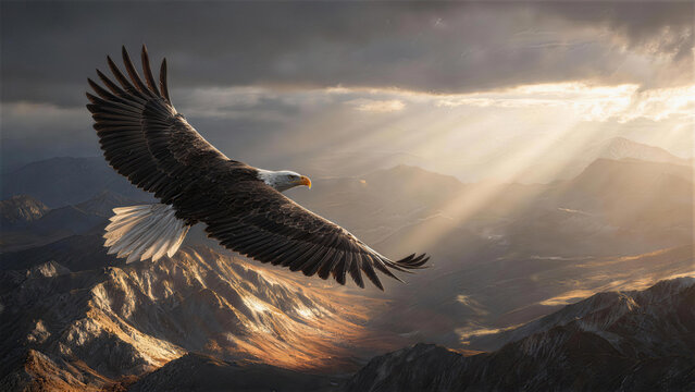 Majestic Flight of the Eagle: A bald eagle soars gracefully through the sky, its powerful wings spread wide against a backdrop of sun-drenched mountain peaks. Embodying freedom, strength.