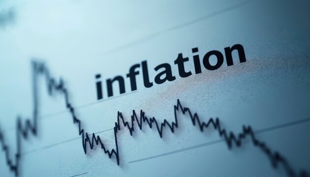 Close-up of financial chart showing steep downward trend labeled inflation. Economic data indicates rising prices and decreased purchasing power for consumers, signaling market instability.