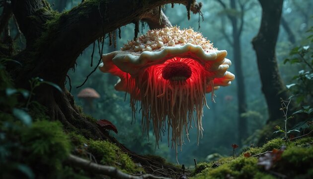 Bizarre bioluminescent fungus hangs from tree branch in dark, misty forest. Glowing red interior, white textured cap, threadlike tendrils. Creepy, alien organic growth deep in woods.