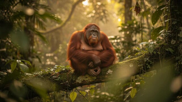 Thoughtful orangutan sitting quietly on moss covered branch in serene sunlit forest environment