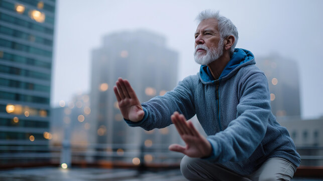 Older man practicing tai chi on a rooftop amid light fog with open palms and bent arms against muted high rises in an urban wide-angle view, calm and meditative