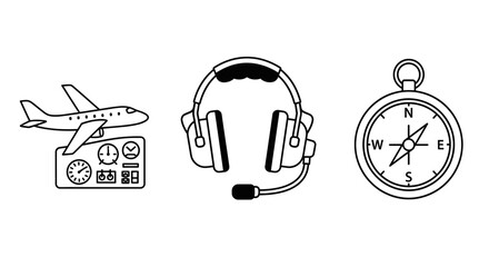 Aviation Icons: Airplane, Headset, Compass - Line Art © Fajar