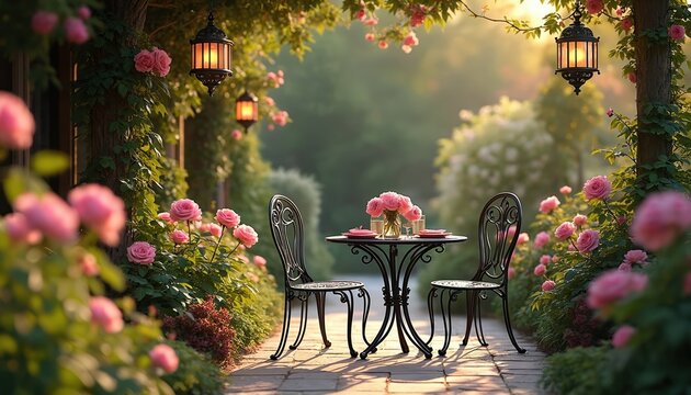 Ornate wrought iron table and chairs set among blooming pink roses. Warm lanterns hang above, casting soft light on romantic garden seating for two people outdoors.
