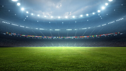 Naklejka premium Stadium with National Flags at night. An imaginary stadium is modelled and rendered. 