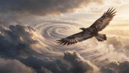 Obraz premium Soaring Eagle Amidst the Storm: A majestic eagle, a symbol of freedom and strength, gracefully navigates a dramatic sky filled with swirling storm clouds and rays of sunlight.