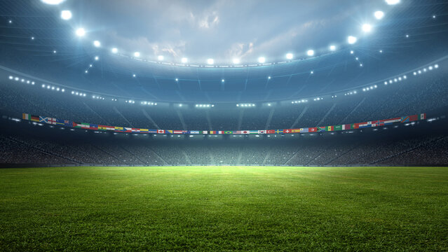 Stadium with National Flags at night. An imaginary stadium is modelled and rendered.	