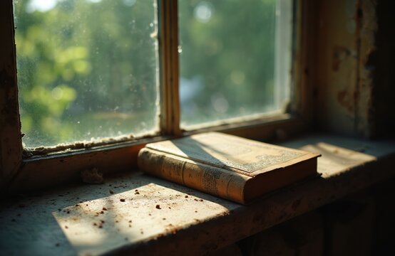 Old closed book rests on dusty window sill. Sunlight streams through dirty window pane illuminating aged pages and leather cover. Nature visible outside rich green trees.